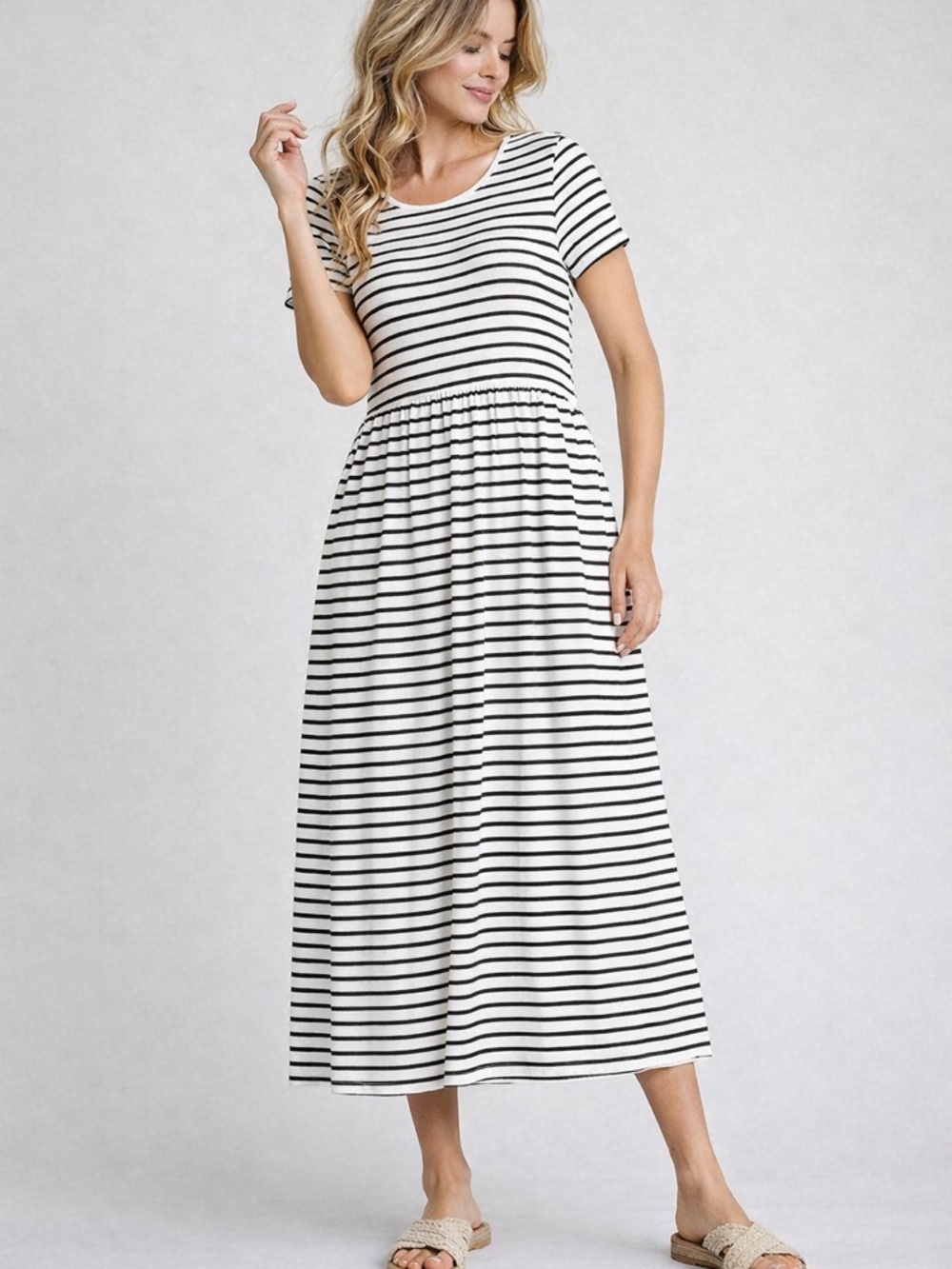 Striped Black & White Midi Dress - Casual Freesize